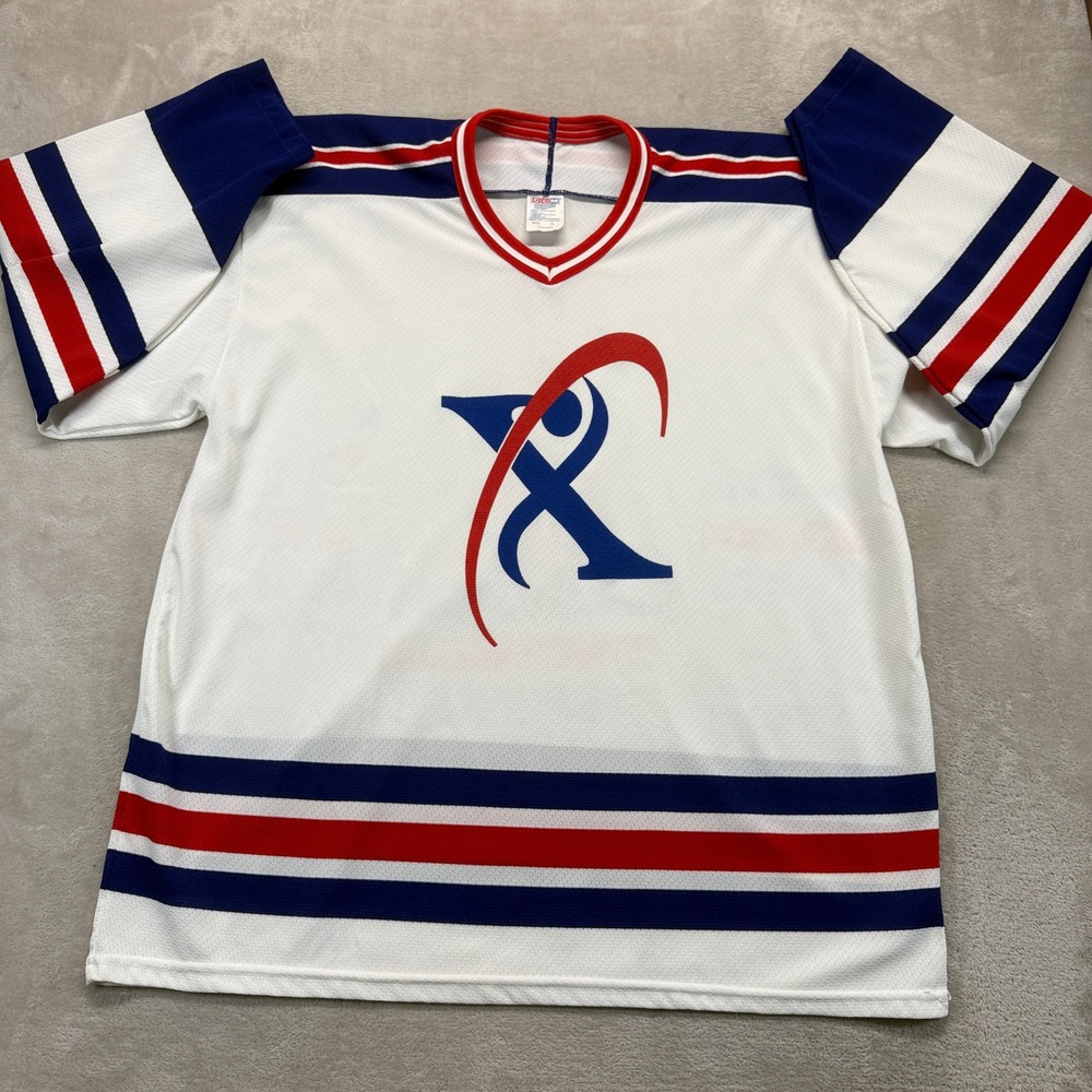 Vintage IRHL CCM Jersey Mens‎ XL White Hockey Stripe 3 Logo Short Sleeve USA